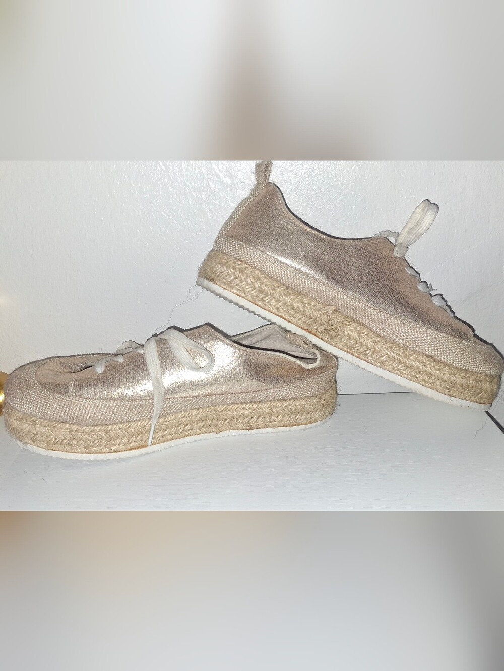 Women’s Metallic Gold Espadrille Platform Sneakers Lace Up Size 41
